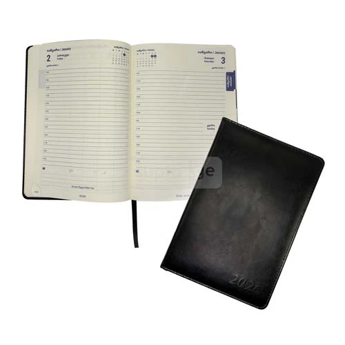 HELIO-ჰელიო A5 2026 წლის ყოველდღიური ბლოკნოტი შავი ტყავის ყდით 